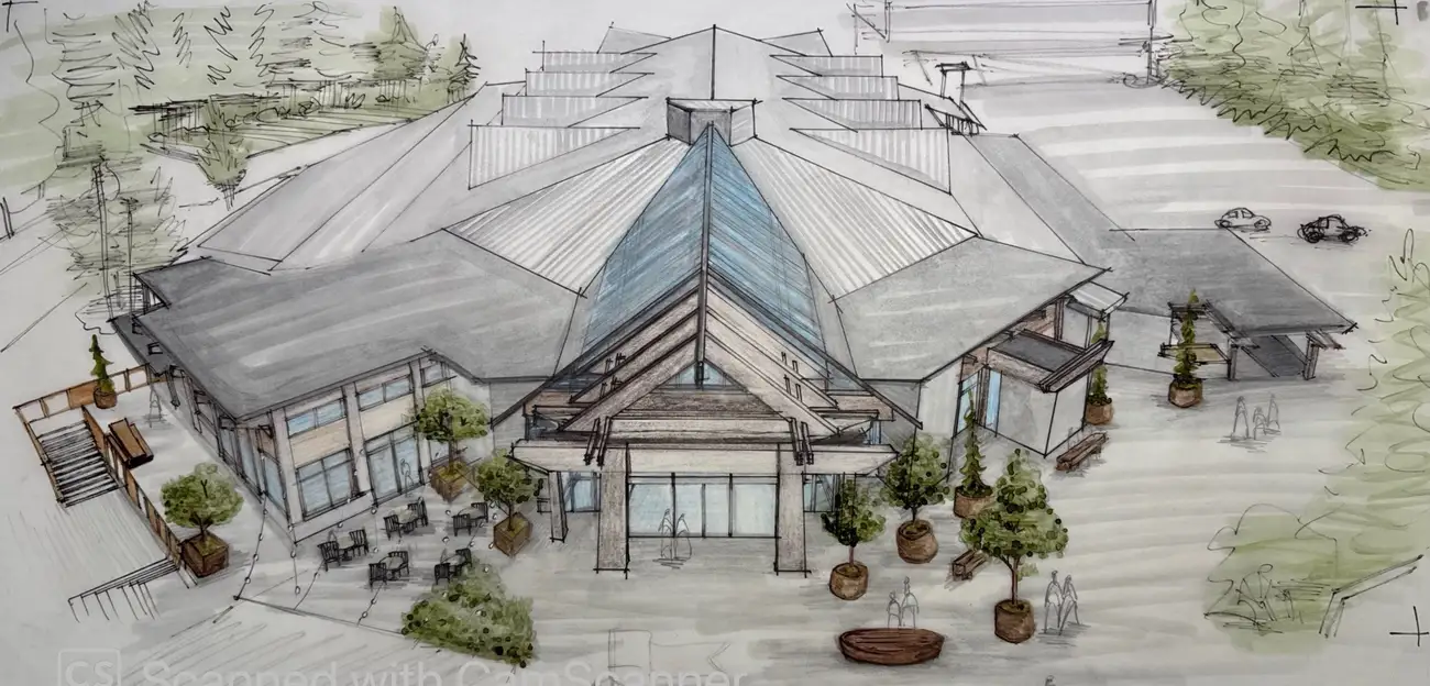 Aerial pen and pencil-crayon sketch of a conference centre and its plaza