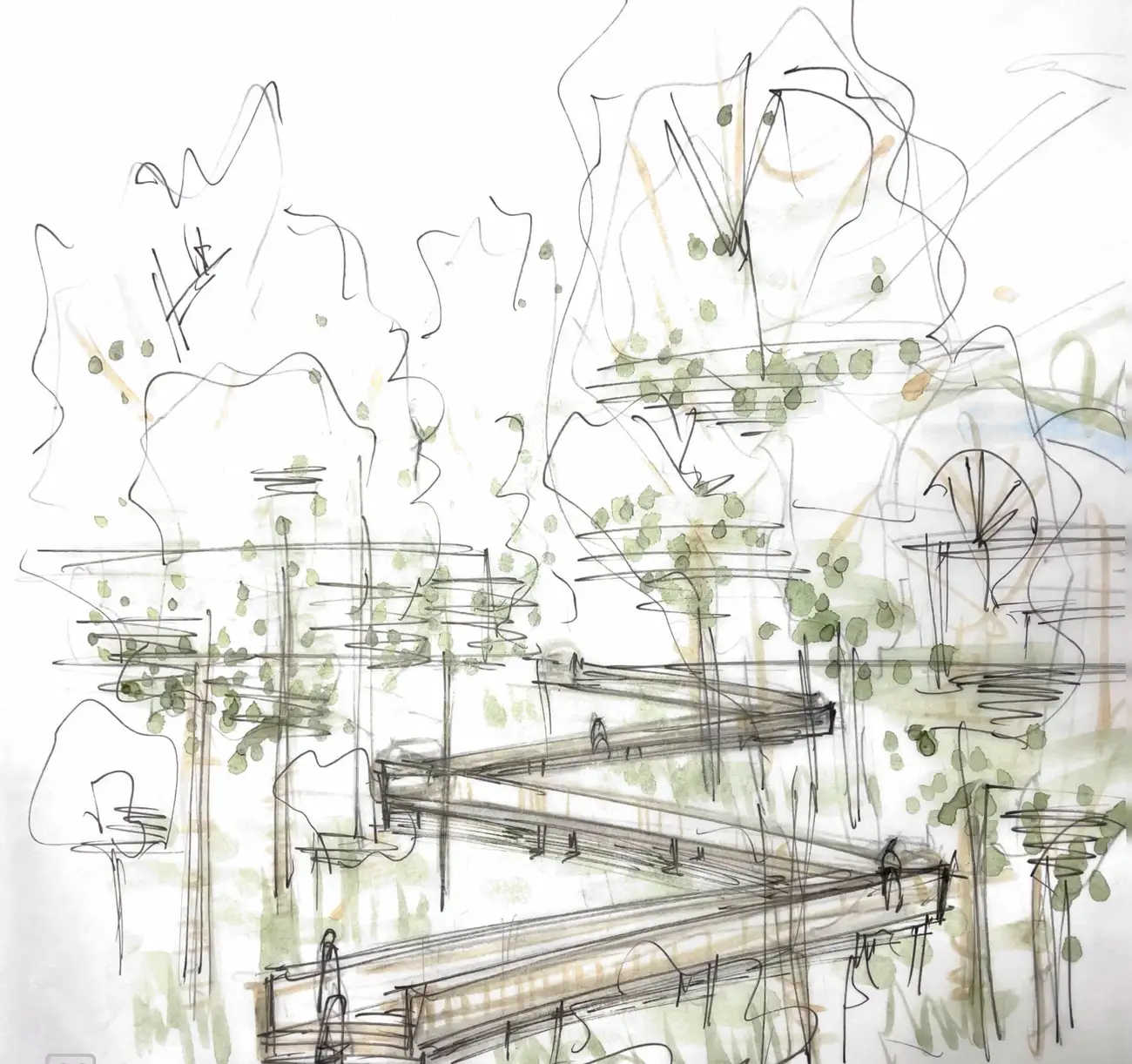 Loose pen and wash study of boardwalk switchbacks descending through trees