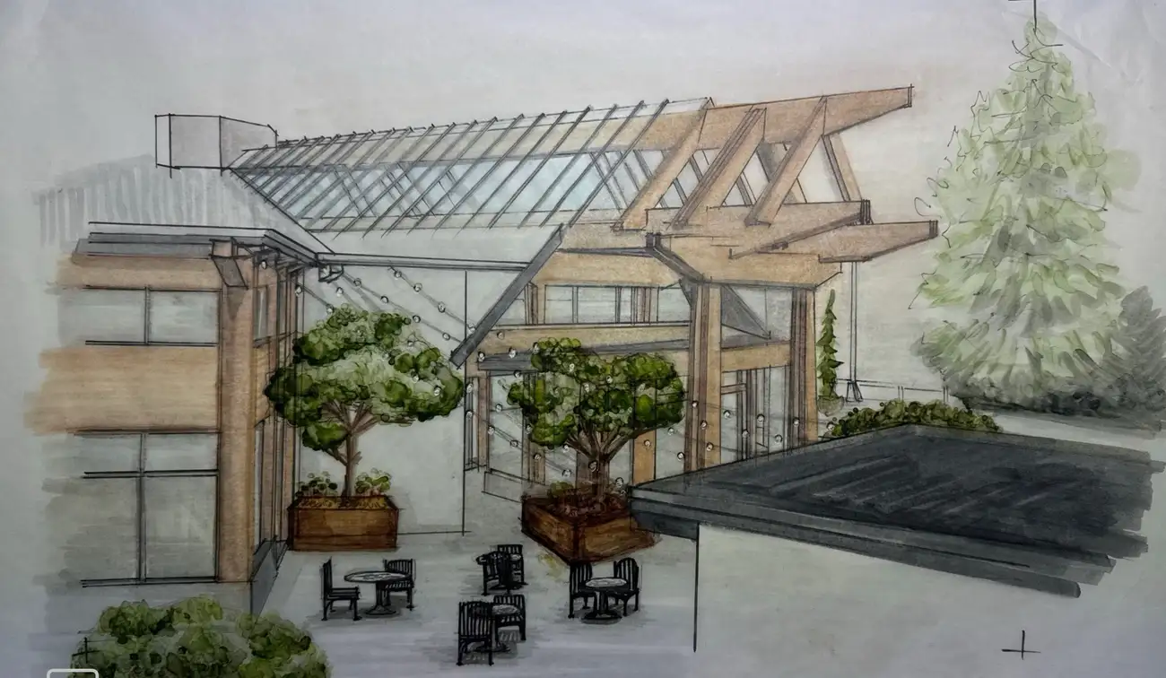 Perspective sketch of a courtyard patio with planted trees and string lights