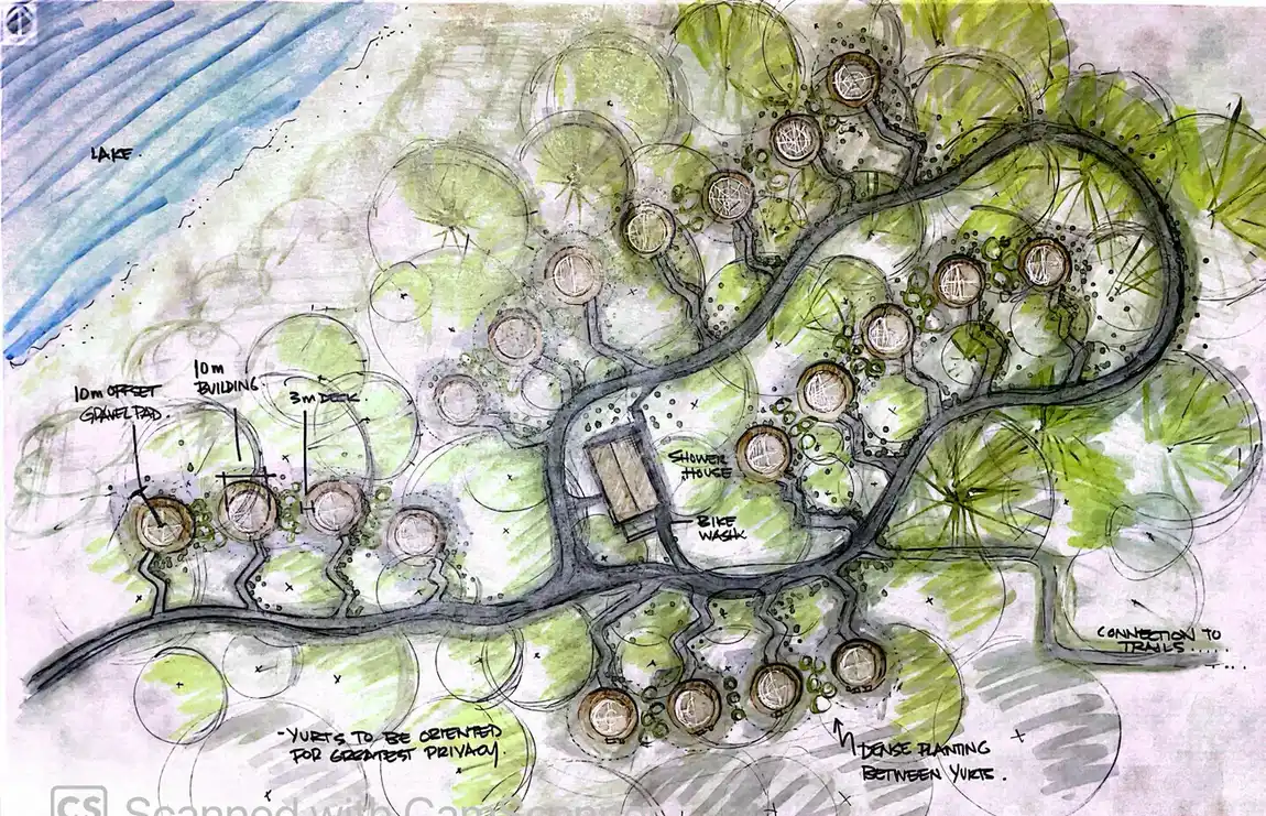 Marker and wash concept plan for a lakeside yurt campground with shower house and trail connections