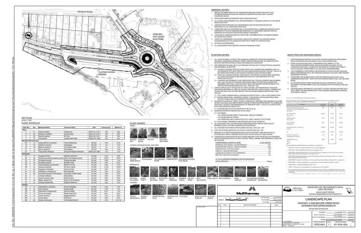 Landscape plan for the Highway 4 and Beaver Creek Road roundabout with planting schedule