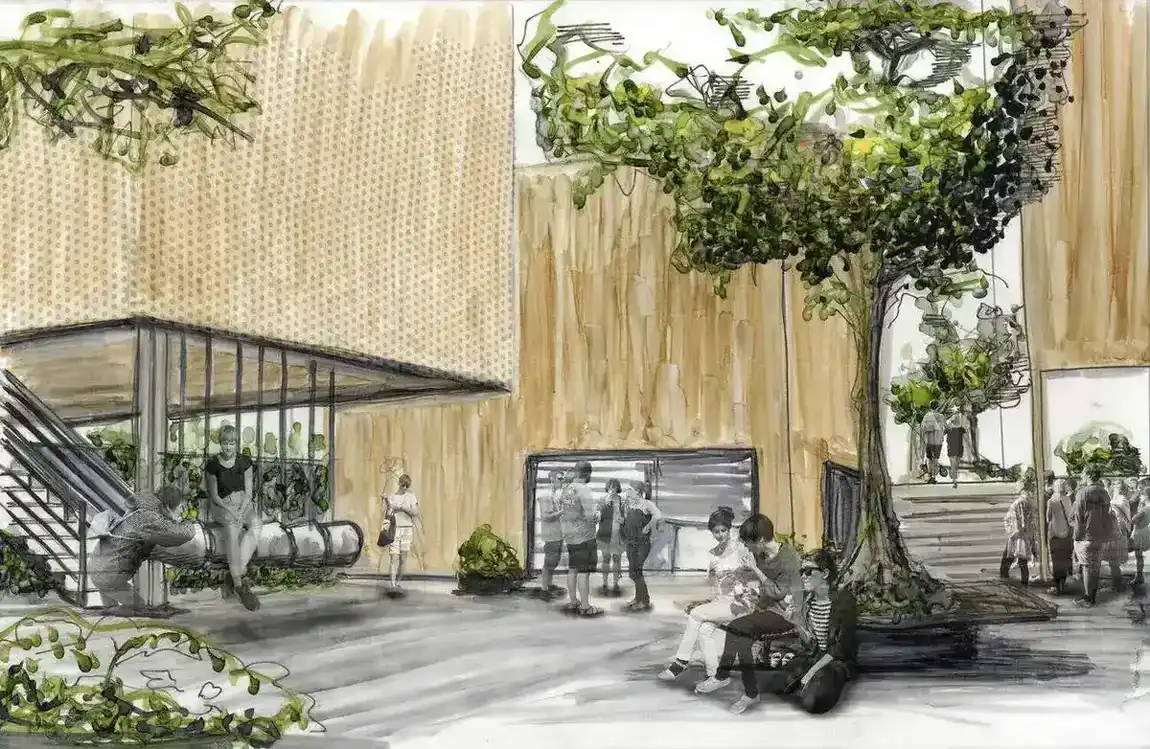 Courtyard rendering of the Shishamo nomadic micro restaurants