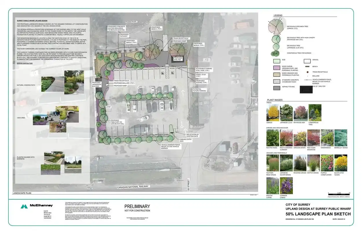 Landscape plan sketch for the upland design at Surrey Public Wharf on the Fraser River